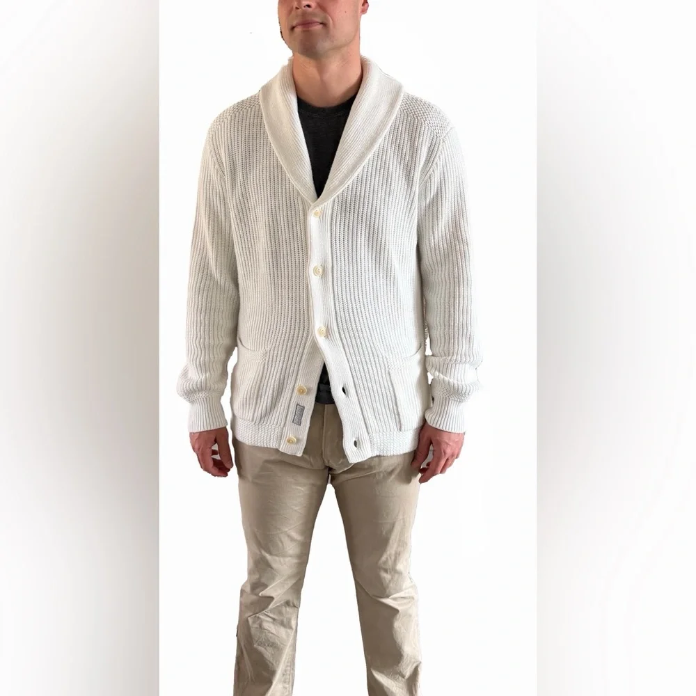 Polo Ralph Lauren Men’s Ribbed 100% Cotton Shawl Collar White Knit Cardigan Sz M